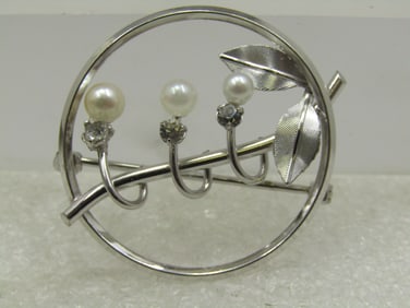 Vintage Faux Pearl & Rhinestone Draped Circle Brooch, Signed Krementz, 1960's