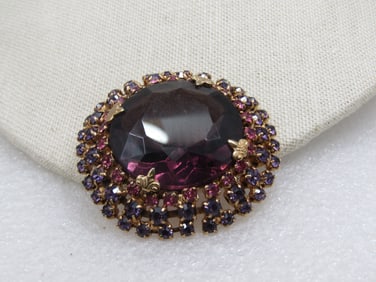 Vintage Purple & Pink Rhinestone Tiered Brooch, Mid-Centry, 2"