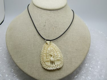 Vintage Carved Peacock Necklace, 20" Black Cord