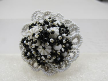 Vintage Black & White Seed Bead Blossom Brooch,1-3/8" Round