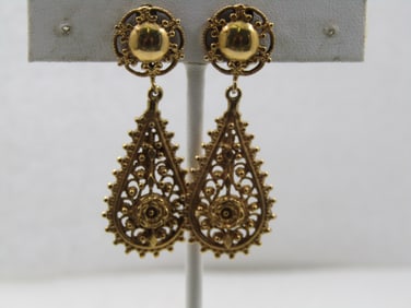 Vintage 14kt Filigree Floral Drop Earrings, 1-7/8", Screwback