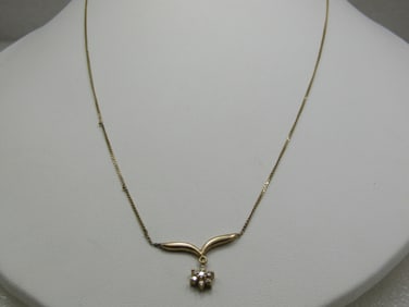 Vintage 14kt Petite Diamond Lavalier Necklace, 17.5", Signed A & Z, 1960's-1970's