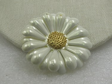 Vintage Pearly White Enameled Blossom Brooch, Gold Center, 1960's