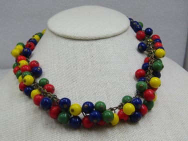 1930's Czech Harlequin Glass Beaded Necklace, Dangle, 16"