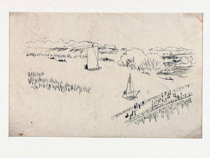 UTAGAWA (Hiroshige) school: Misc. landscape subjects: Artist: UTAGAWA (Hiroshige) school Title: Misc. landscape subjects Series: Four preliminary drawings for landscape prints. Date: later 19th c. Medium: Black ink ('sumi') on thin paper. Size/Format: c.