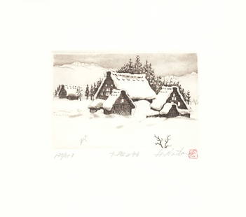 Hiroto Norikane (B. - 1949): Village In Heavy Snow: Artist/Title: Hiroto Norikane (B. - 1949): Village In Heavy Snow Date: 2008Medium: Etching EditionLimited Edition # 179/517 Size/Format: The print image measures 3 X 4 1/2 inches plus margins Conditio