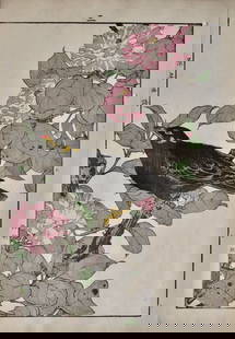 Keinen: Black Bird and Camellia: Artist: Imao KEINEN (1845-1923) Subject: Black Bird and Camellia Series: Keinen Kacho Gafu, vol 1, Spring Publisher: Tanaka Jihei Signature: Keinen gafu in left margin Date: 1891 Format: &#244;ban, 25