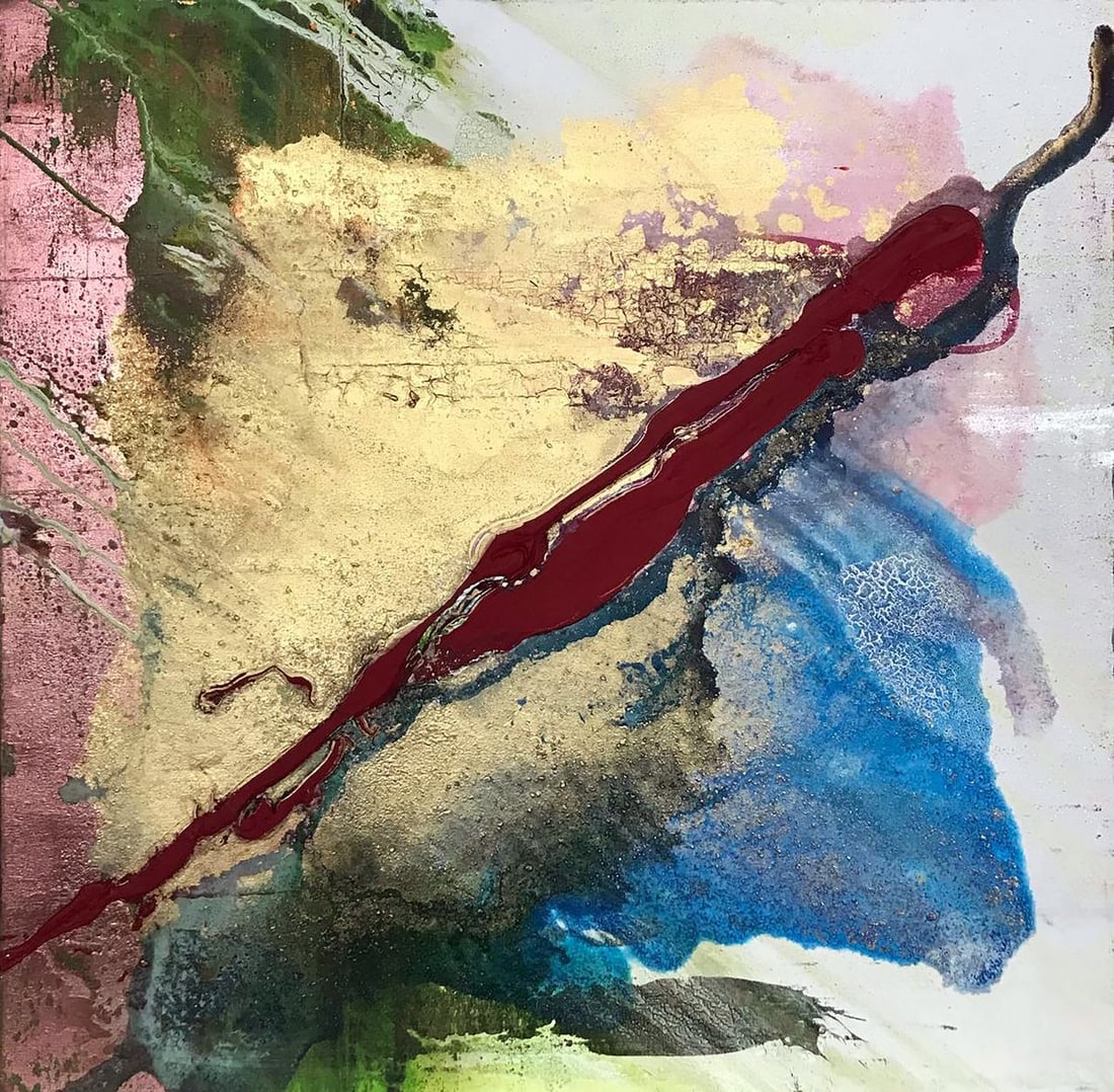 Acrylic painting Sharp tongue Olga Melezhik: №Mel 75 "Sharp Tongue" by Olga Melezhik is an abstract painting that blends textures and colors to create a dynamic composition. The bold, red line cutting across the canvas represents the conce