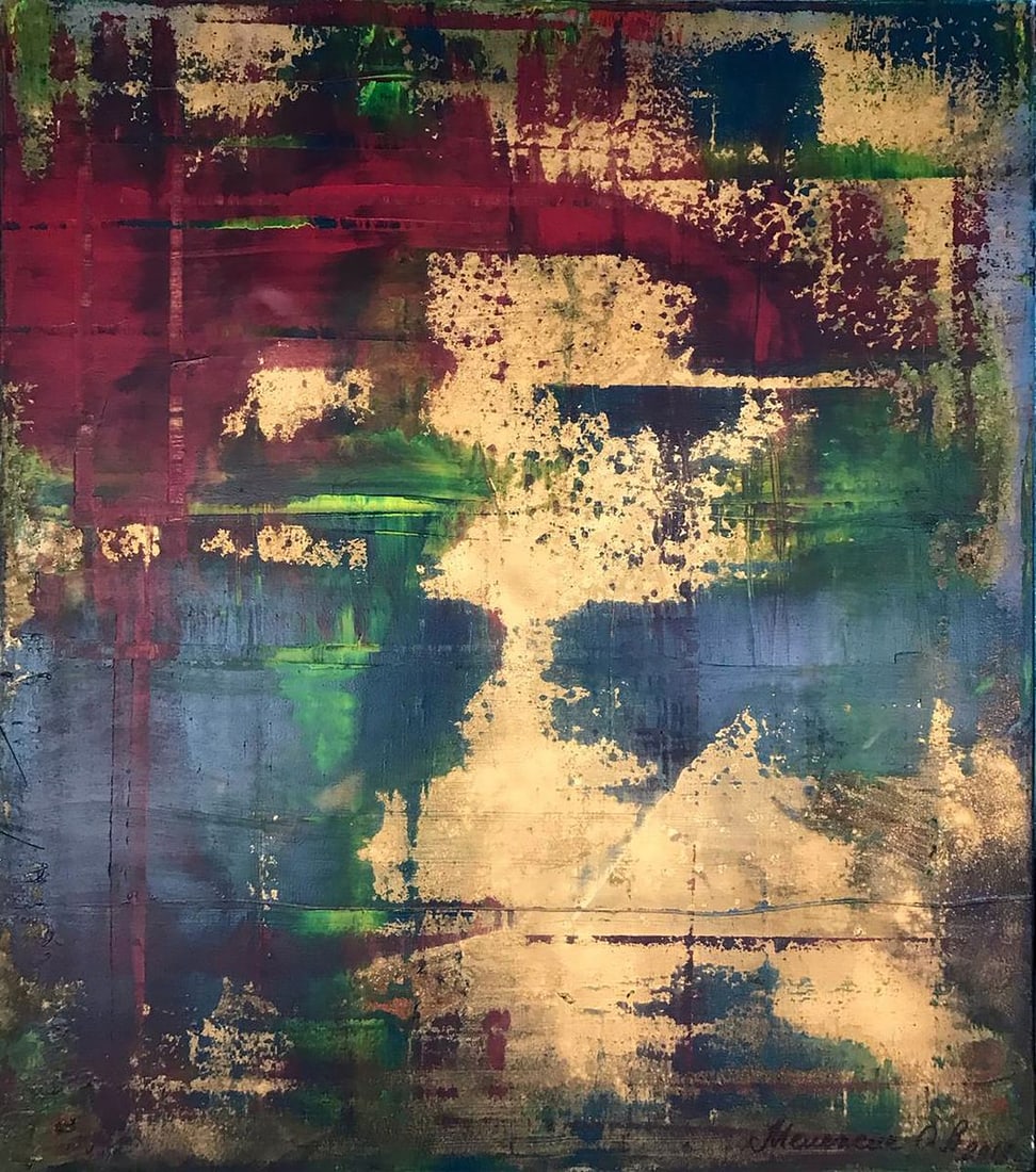 Acrylic painting Display Olga Melezhik: №Mel 76 The painting "Display" by Ukrainian artist Olga Melezhik captures a vibrant interplay of color, texture, and form. Through layers of bold reds, greens, and golds, Melezhik explores the t