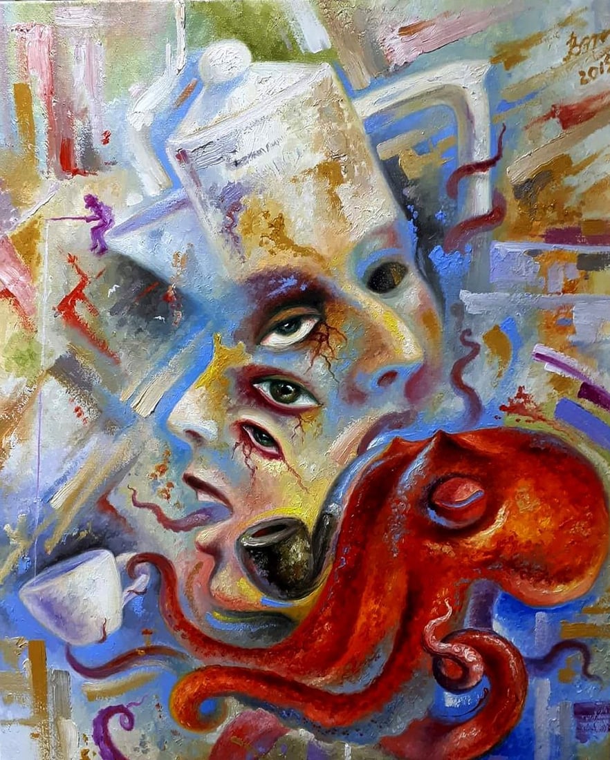 Oil painting Morning coffee with octopus Sergey Voichenko (1 of 7)