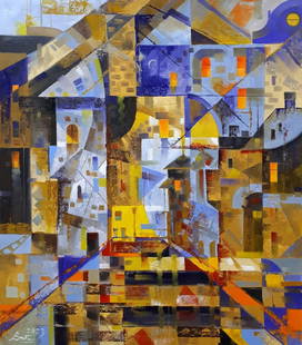 Oil painting Old town in the evening Sergey Voichenko: &#8470;Voich 85 "Old Town in the Evening" is an abstract oil painting that captures the essence of an ancient city as it basks in the golden light of dusk. The canvas is a patchwork of geometric shape