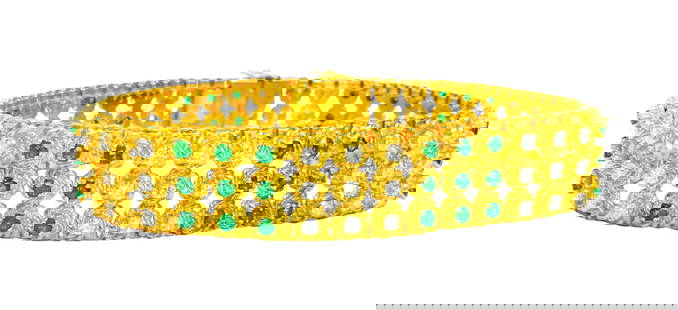 18k Gold Natural Colombian Emerald Diamond Bracelet: Metal: 18k Yellow Gold. 2.50 carat of round brilliant cut diamonds. VVS clarity - E color. 2.50 carat round cut emeralds. Made in Italy. Contemporary ladies bracelet. Dimensions Width: 1.20 in. (30.48
