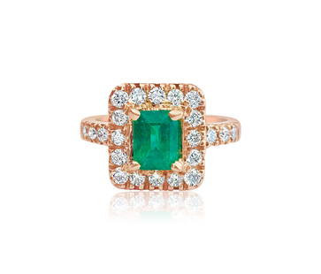 GIA certified, 14K Gold Emerald & Diamond Ring: 14K Rose Gold (tested) 1.00 carat emerald. Cut: Emerald. Prong setting. 100% natural earth mined emerald. Side diamonds: 0.788 carats toal, VS clarity and G color. Round brilliant cut diamonds set in