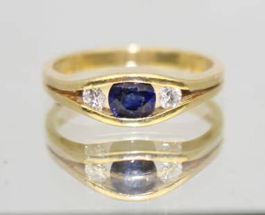 Three Stone Sapphire & Diamond 18ct Gold Ring: Vintage Three Stone Sapphire & Diamond 18ct Gold Ring Vintage, 20th c. Sapphires & diamonds, 18ct yellow gold. Fully hallmarked Weight 3.5 g Ring size N Good pre-owned condition, some light scratches