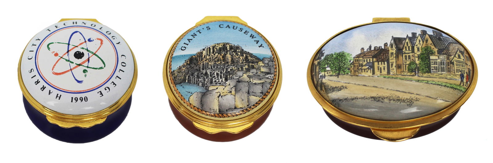 Collection of 3 Vintage Enamel Pill Boxes Halcyon Days: Collection of 3 Vintage Enamel Pill Boxes Halcyon Days 1. Halcyon Days Harris City Technology College. Measures 4.5 x 5 x 3 (height) cm. 2. Halcyon Days Giant's Causeway. Measures 4.5 x 5 x 3 (height)