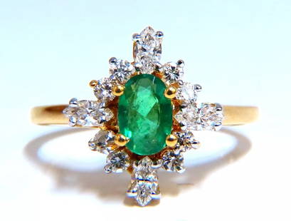 Emerald Diamonds Ring 14kt 1.20ct Edwardian Deco: .60ct Natural Oval emerald ring. 6x4mm emerald, even green clean clarity and transparent. .60 carat natural marquise & round diamond H-I color Vs-2 Si-1 clarity 14 karat yellow gold 3.5 grams Depth of