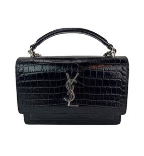 Saint Laurent Black Leather Sunset Wallet Chain Crocodile EmbossedBag: Pre-Owned 100% Authentic Saint Laurent Black Leather Sunset Wallet on a Chain Crocodile Pattern Embossed Bag RATING: A/B...Very Good, well maintained, shows minor signs of wear MATERIAL: calfskin leat