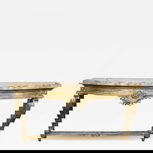 Faux Marble-Top Louis XV Style Console Table Attributed to Maison Jansen: Title: Faux Marble-Top Louis XV Style Console Table Attributed to Maison Jansen Description: Faux marble-top Louis XV style console table attributed to Maison Jansen. This finely distressed silver gol