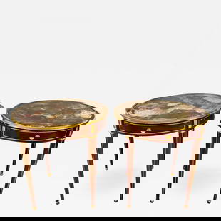 Pair of End, Center or Sofa Tables Bronze Mounted Single Drawer Glass Tops: Title: Pair of End, Center or Sofa Tables Bronze Mounted Single Drawer Glass Tops Description: Pair of end, center or sofa tables bronze mounted single drawer multi-color glass tops in the manner of M
