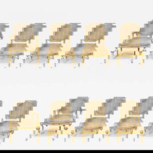 Set of Eight Louis XVI Style Dining Chairs Painted and Parcel-Gilt, Jansen Style: Title: Set of Eight Louis XVI Style Dining Chairs Painted and Parcel-Gilt, Jansen Style Description: Set of eight Louis XVI style dining chairs. Painted and parcel-gilt decorated. These fine Hollywood