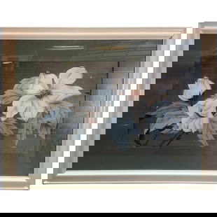 Postwar Hawaiian Airbrush Tropical Hibiscus Floral in White Wood Frame, Signed: About the ItemPostwar Hawaiian airbrush tropical hibiscus floral on paper in original period white wood frame. Signed by