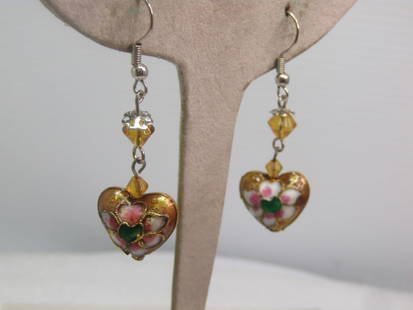 Vintage Champleve Heart Floral Earrings, Pierced, Dangle, 1970's: Vintage Champleve Heart Floral Earrings, Pierced, Dangle, 1970's. Silver tone hook posts with a golden glass bead and another smaller lighter yellow/gold bead set over the champleve heart that has a g