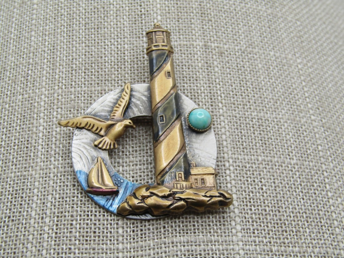 Vintage Lighthouse, Gull, Boat Brooch, Turquoise Glass Stone, 1970's-1980's (1 of 5)