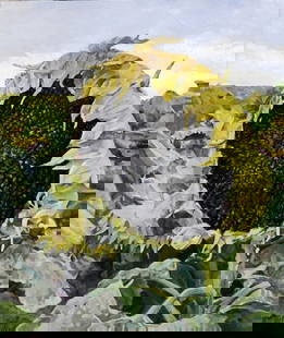 Oil painting Seeds for the future harvest Varvarov Anatoly Viktorovich: №Varv 190 The oil painting entitled "Seeds for the Future Harvest" is a richly textured and detailed study of a mature sunflower. The central focus is a large, heavy-headed sunflower, its broad
