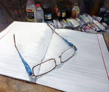 Oil painting Dad's glasses Varvarov Anatoly Viktorovich: №Varv 196 The oil painting titled "Dad's Glasses" is a poignant still life that features a pair of spectacles resting on an open, lined notebook. The glasses are positioned near the center of th