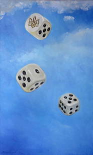 Oil painting Sky Varvarov Anatoly Viktorovich: №Varv 201 The painting titled "Sky" depicts three dice floating against a backdrop of a clear blue sky dotted with soft white clouds. The dice are not ordinary; one prominently features what app