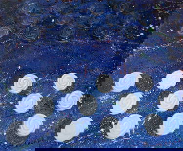 Oil painting Game Varvarov Anatoly Viktorovich: №Varv 207 The oil painting "Game" appears to be an abstract representation of a checkers or chess game in progress, with the board transformed into a cosmic tableau. The pieces are depicted as c