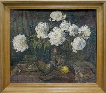 Oil painting Flowers Y. V. Derzhavin: &#8470;Vern 1500 *** ABOUT THIS PAINTING *** * TITLE: "Flowers" * ARTISTS: Y. V. Derzhavin * SIZE: 47x57 cm/'18.50x22.44 inches', frame size: 59x67 cm/'23.22x26.37 inches' * MEDIUM: oil, cardboard * H