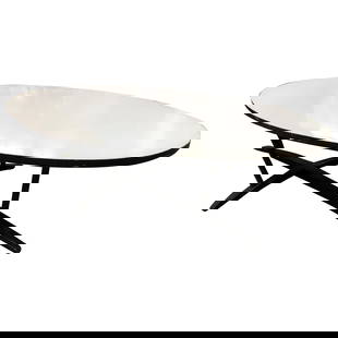 Large John Keal Inspired Surfboard Coffee Table with Formica Top: About the Item Large Californian 60" wide John Keal inspired surfboard coffee table with white Formica top and black 4-legged sculptural base, circa 1950. Dimensions: Height: 14 in (35.56 cm)Width: 60