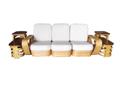Restored Paul Frankl Six-Strand Sectional Sofa Living-Room Set with Side Tables: About the Item Paul Frankl style rattan living room set including a matching three-seat sectional sofa, and pair of end tables. The sofa features the famous six strand square pretzel side arms and sta