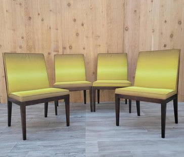 Vintage Modern Gunlocke Chair Co. Dining Side Chairs - Set of 4: Vintage from before 2000 Vintage Modern Gunlocke Chair Co. Dark Walnut Frame with Original Chartreuse Fabric Dining Chairs - Set of 4 Featuring modern set of 4 dark walnut framed, slant high-back, tap