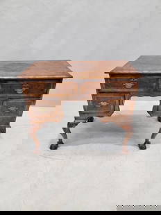 Antique English Queen Anne Style Burl and Oak Writing Desk: Vintage from before 2000 Antique English Queen Anne Style Burl and Oak Writing Desk This Antique English Queen Anne Style Burl and Oak Writing Desk is a stunning piece of furniture with intricate carv