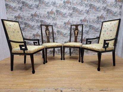 Hollywood Regency Asian Style Dining/Game Chairs by Karges - Set of 4: Vintage from before 2000 Hollywood Regency Asian Style Dining/Game Chairs by Karges - Set of 4 Hollywood Regency Set of 4 original Asian style black lacquered, gold trim, yellow silk floral patterned