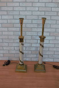 Vintage Neoclassical Column Stiffel Torchiere Brass Table Lamps - Pair: Vintage from the 1950s Materials: brass, metal Vintage Neoclassical Column Stiffel Torchiere Brass Table Lamps - Pair Classic Roman column table lamps by Stiffel. Brass square plinth multi-tiered plin