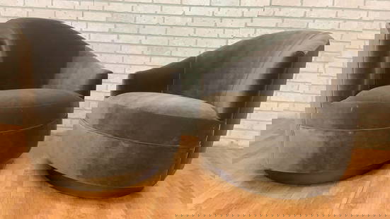 Postmodern Asymmetrical Barrel Back Swivel Chairs Newly Reupholstered in Grey Velvet on a Bronze: Vintage from before 2000 Materials: metal, velvet Overall width: 32 inches Overall height: 32 inches Overall depth: 32 inches Seat height: 18 inches Seat depth: 21 inches Postmodern Asymmetrical Barre