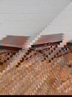 Vintage Drexel Heritage Chippendale Flame Mahogany Side Tables - Set of 2: Vintage from the 1980s Materials: wood, mahogany Width: 27 inches Height: 24.25 inches Depth: 27 inches Vintage Drexel Heritage Chippendale Banded-Top Flame Mahogany Accent Tables - Set of 2 Vintage D