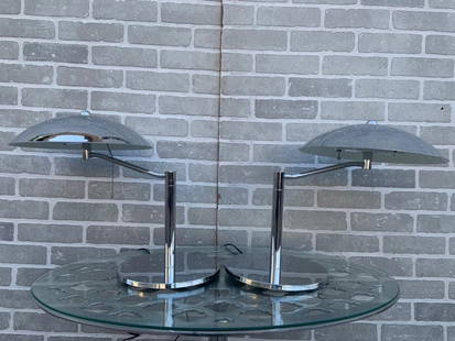 Mid Century Modern Chrome Space Age Flying Saucer Style Table Lamp - Pair: Vintage from before 2000 Materials: Metal Width: 0 inches Height: 0 inches Depth: 0 inches Mid Century Modern Space Age Flying Saucer Style Table Lamp - Pair Circa Mid 20th Century Dimensions: H 14&#8
