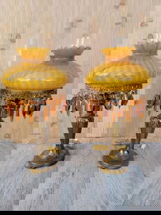Vintage French Boudoir Style Electric Amber Glass Shade Oil Lamps - Pair: Vintage from before 2000 Vintage French Boudoir Style Electric Amber Glass Shade with a Brass Base Oil Lamps - Pair Gorgeous pair of antique ornate brass-based electric with amber blown glass shades a
