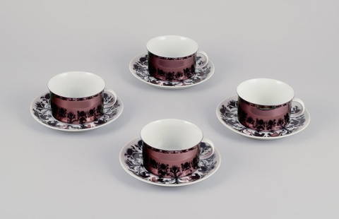 Bjørn Wiinblad for Rosenthal, Germany. A set of four "Berlin Hilton" coffee cups with saucers: Bj&#248;rn Wiinblad (1918-2006) for Rosenthal, Germany. A set of four "Berlin Hilton" coffee cups with saucers in porcelain. Glossy copper-colored decoration. Model number: 4009. From the 1980s. Marke