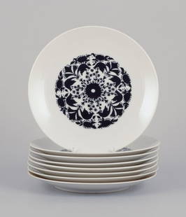 Bjørn Wiinblad for Rosenthal, Germany. A set of eight "Berlin Hilton" plates in porcelain.: Bj&#248;rn Wiinblad (1918-2006) for Rosenthal, Germany. A set of eight "Berlin Hilton" plates in porcelain. Model number: 4009. Decorated with birds and flowers in black. From the 1980s. Marked. In go