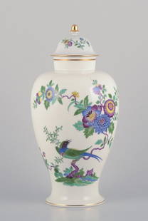 Meissen, Germany, large porcelain lidded jar hand-painted with exotic bird and floral motifs.: Meissen, Germany, large porcelain lidded jar hand-painted with exotic bird and floral motifs. Mid-20th century. Marked. In perfect condition. First factory quality. Dimensions: Height 37.0 cm x Diamet