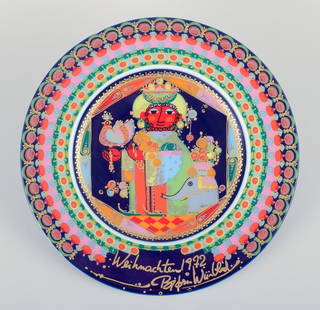 Bjørn Wiinblad for Rosenthal, Christmas plate with a biblical motif. 1972 - "Holy King Caspar".: Bj&#248;rn Wiinblad for Rosenthal, Christmas plate with a biblical motif. 1972 - "Holy King Caspar". Marked. In perfect condition. Dimensions: Diameter 28.5 cm. Reserve: $140.00 Shipping: Domestic: Sh