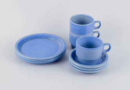 Kunsthandwerk Austria, tea set for three in light blue stoneware.: Kunsthandwerk Austria, tea set for three in light blue stoneware. 1960s/1970s. In perfect condition. Marked. Teacup: D 9.0 cm without handle x H 7.0 cm. Plate: D 19.0 cm. Reserve: $168.00 Shipping: Do