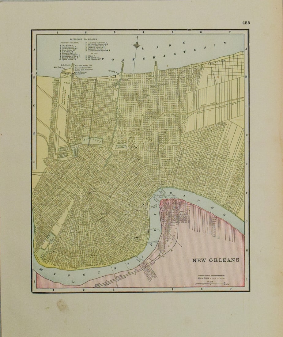 1897 Cram Map of New Orleans -- New Orleans: Title/Content: 1897 Cram Map of New Orleans -- New Orleans Cartographer: G Cram Year/Place: 1897, Chicago Dimensions: 11.2 X 9.4 in. Description: This is avery nice map of New Orleans. Shown are the s