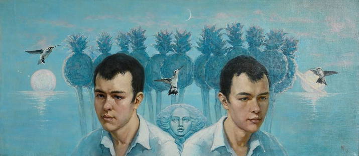 Oil painting Empaty of touch Oleg Kateryniuk: Kat 46 "Empathy of Touch" is a compelling oil painting that weaves together elements of realism and surrealism to explore themes of human connection, introspection, and the ethereal quality of nature.