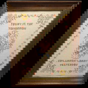 Cross Stitch Sampler with Embroidered Blue Birds: This Cross Stitch Sampler with Embroidered Blue Birds has a great saying. Great cross stitching and satin stitch birds. It measures 13 ½” x 15 ½” . Framed under glass. Shipping: